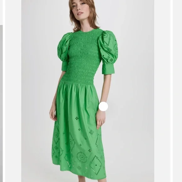 Ganni Eyelet Detail Smocked Organic Cotton Dress